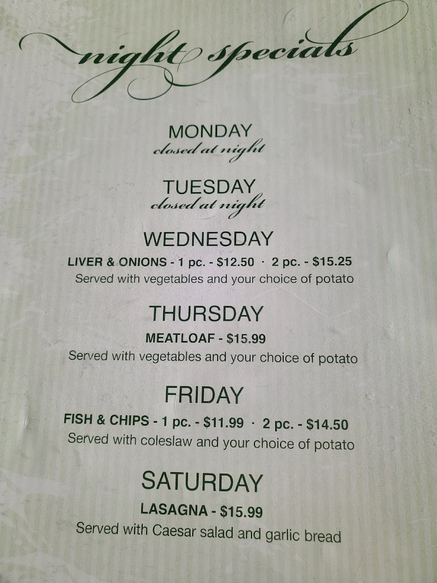 Menu, Rockford Restaurant