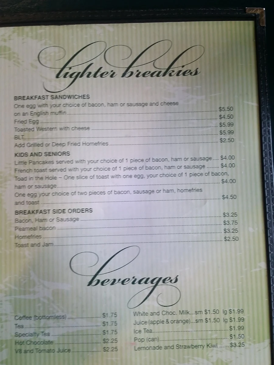 Menu, Rockford Restaurant