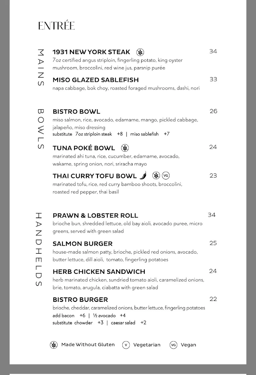 Menu, 1931 Gallery Bistro