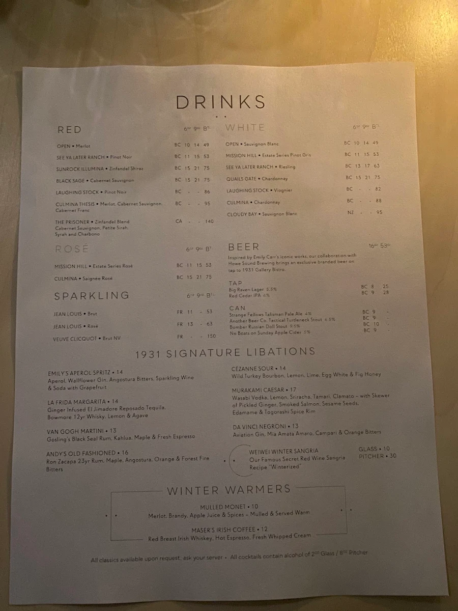 Menu, 1931 Gallery Bistro
