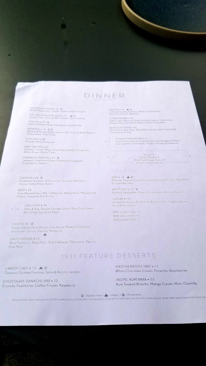 Menu, 1931 Gallery Bistro