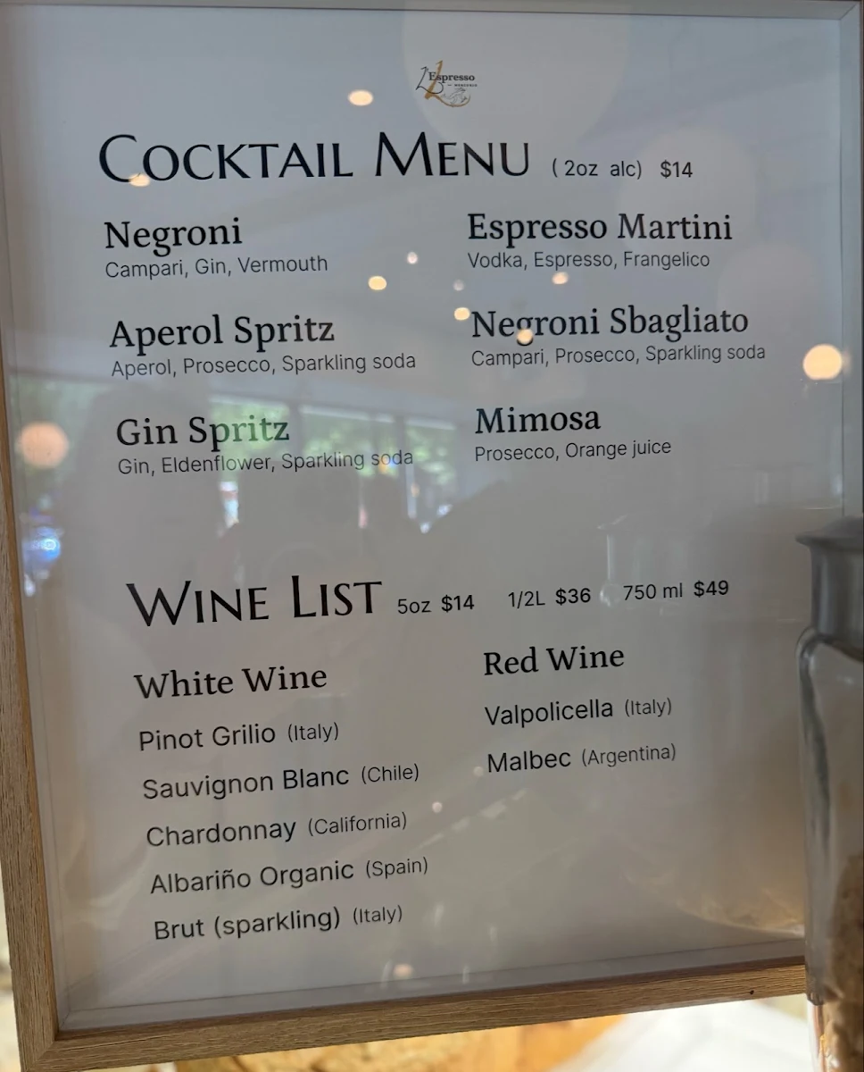 Menu, L'Espresso Bar Mercurio