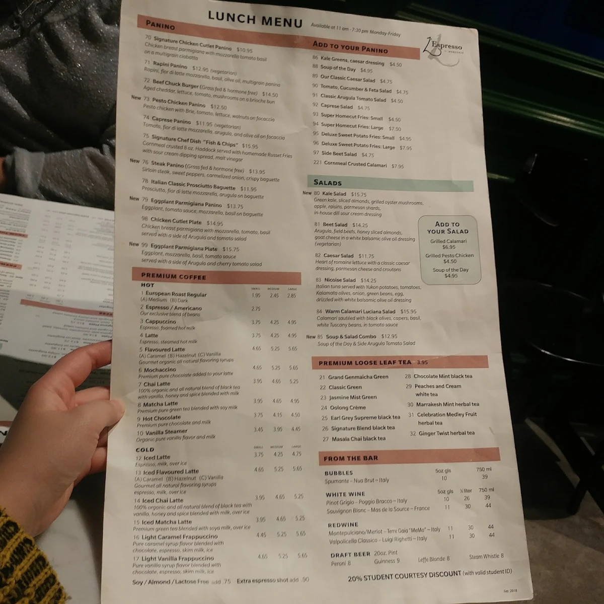 Menu, L'Espresso Bar Mercurio