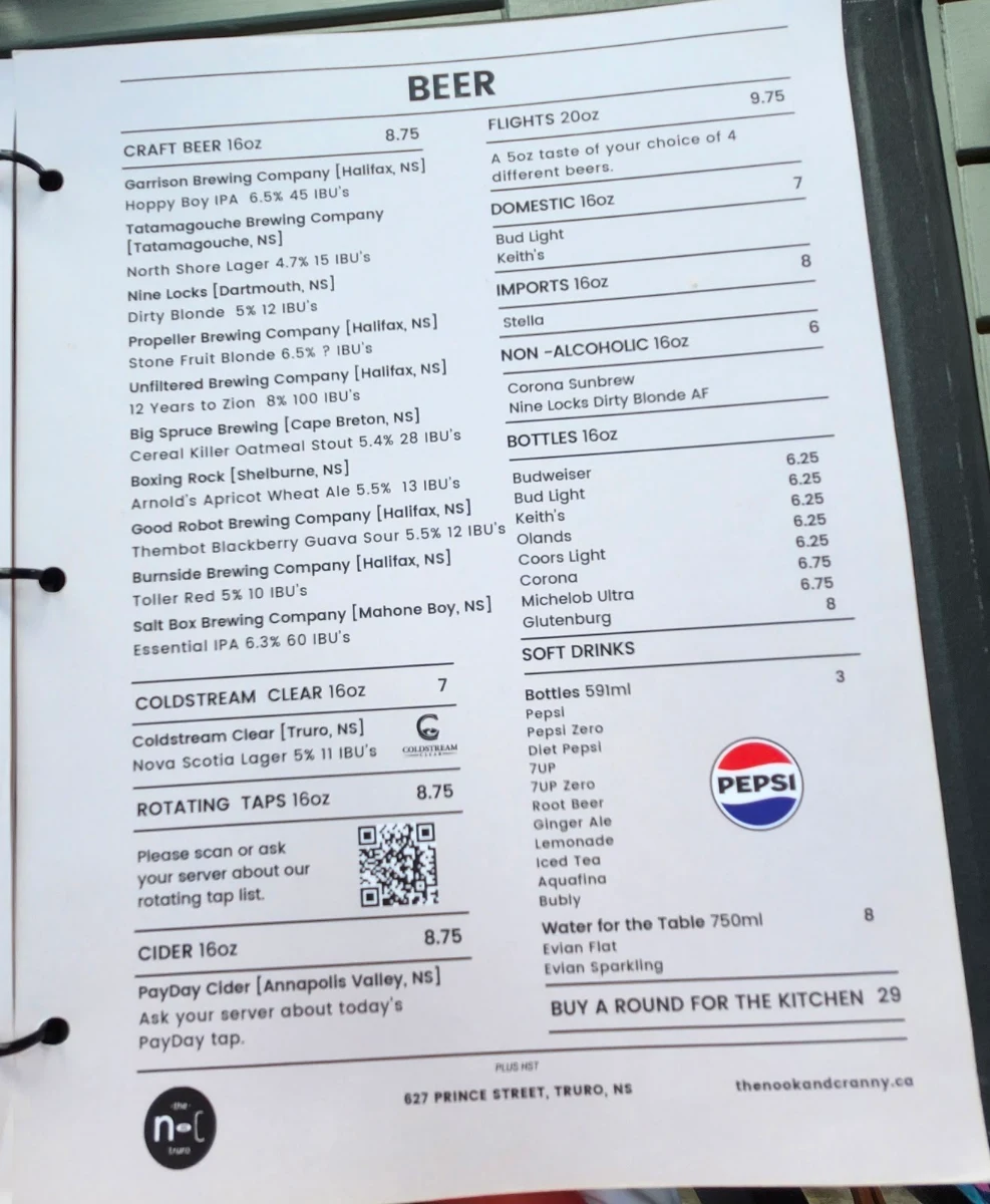 Menu, The Nook and Cranny