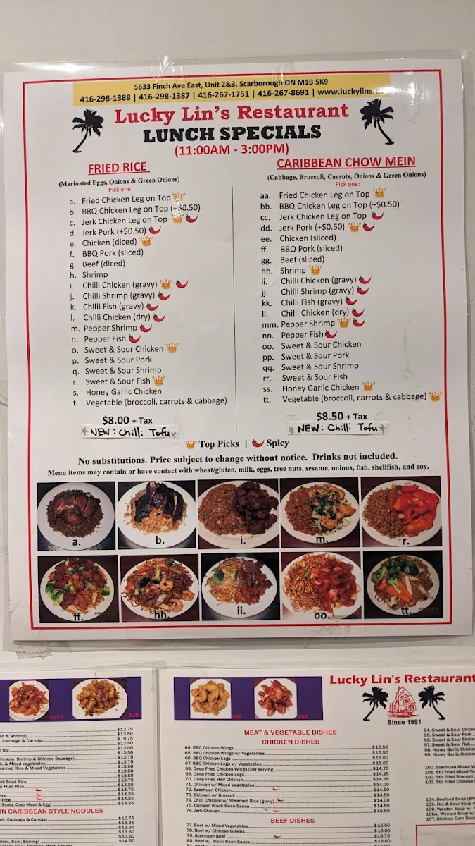 Menu, Lucky Lin's Restaurant - West Indian (Guyanese) & Chinese Food