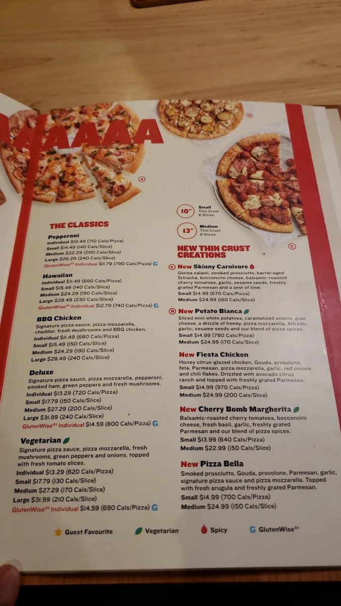 Menu, Boston Pizza