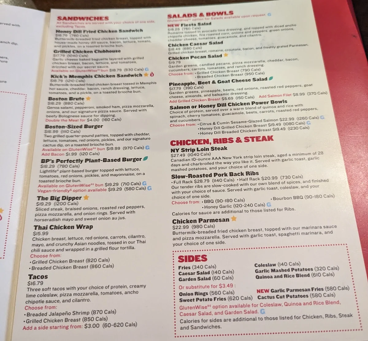 Menu, Boston Pizza
