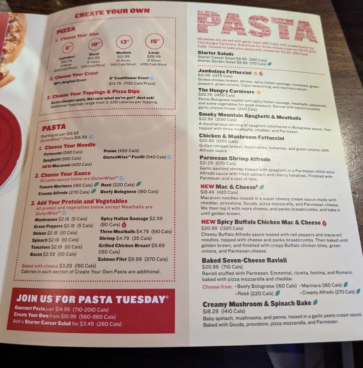 Menu, Boston Pizza