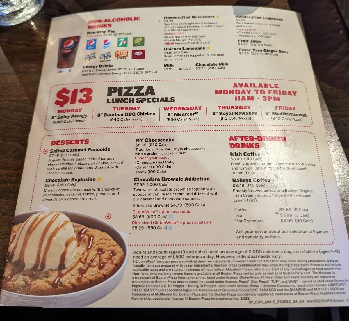 Menu, Boston Pizza