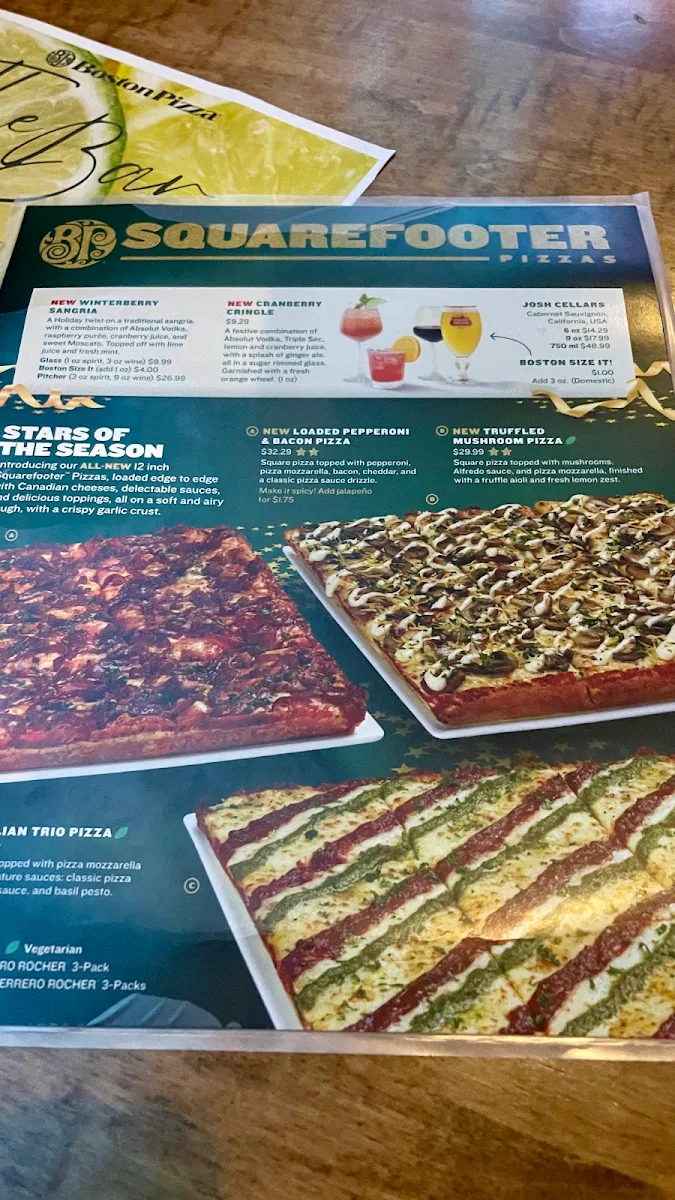 Menu, Boston Pizza