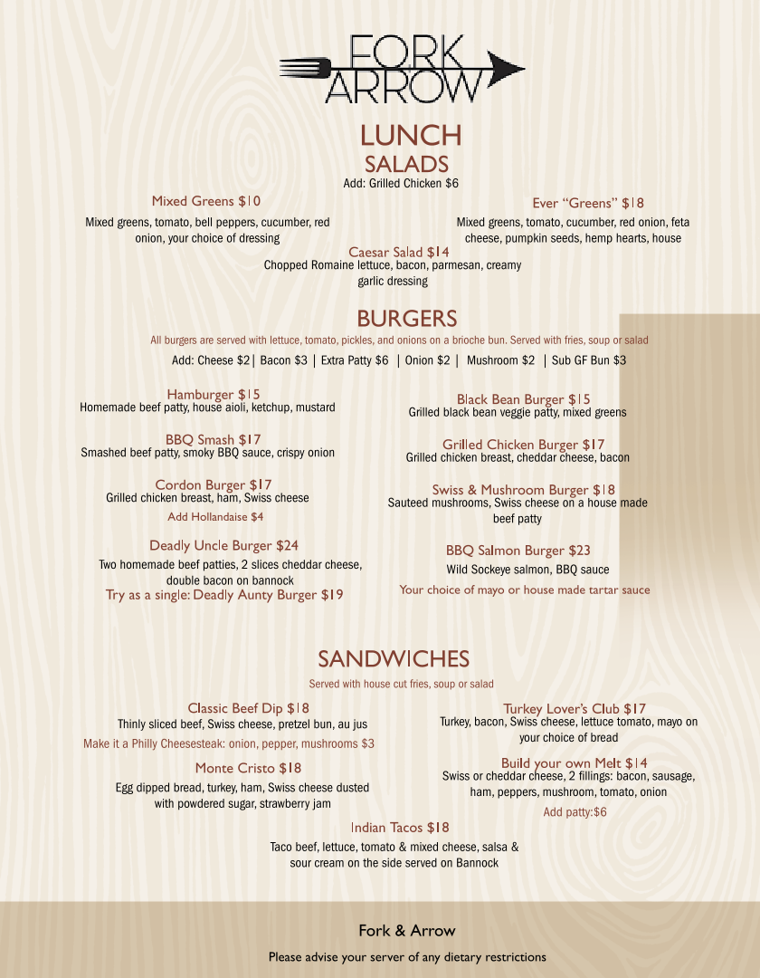Menu, The Fork and Arrow / Fork and Arrow Catering