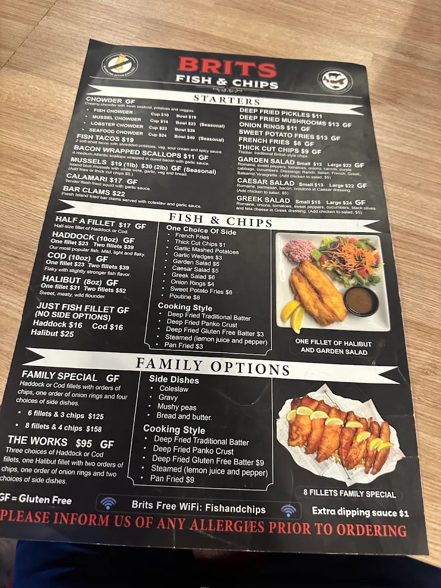 Menu, Brits Fish & Chips
