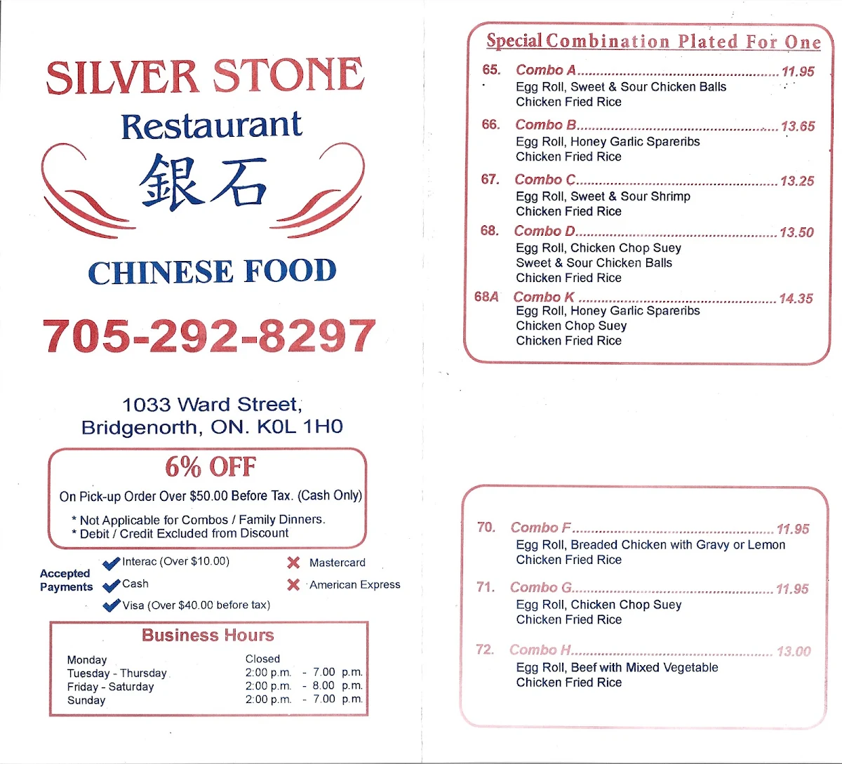 Menu, Silver Stone Restaurant