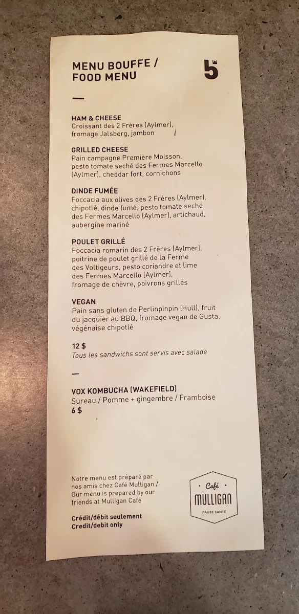 Menu, 5e Baron - Microbrasserie