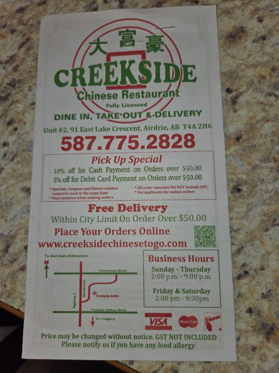 Menu, Creekside Chinese Restaurant