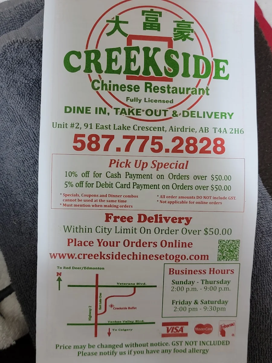Menu, Creekside Chinese Restaurant