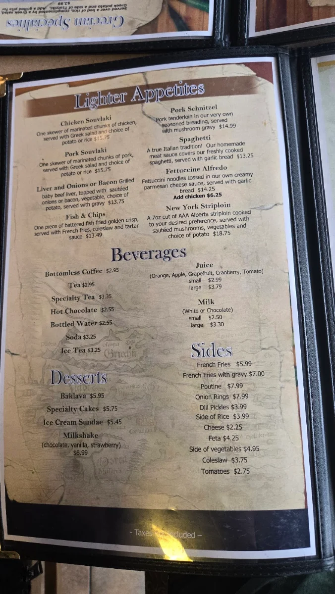 Menu, Omega Family Restaurant