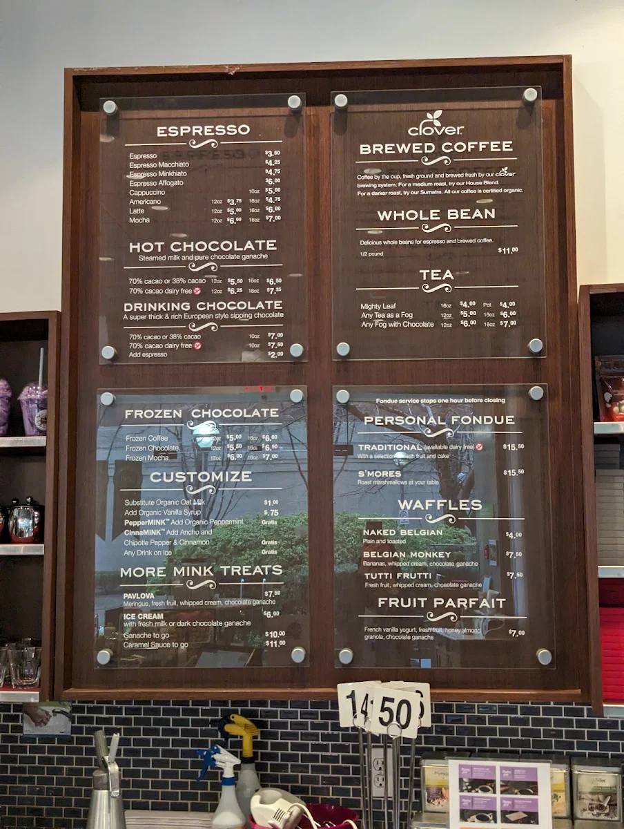 Menu, Mink Chocolates Cafe