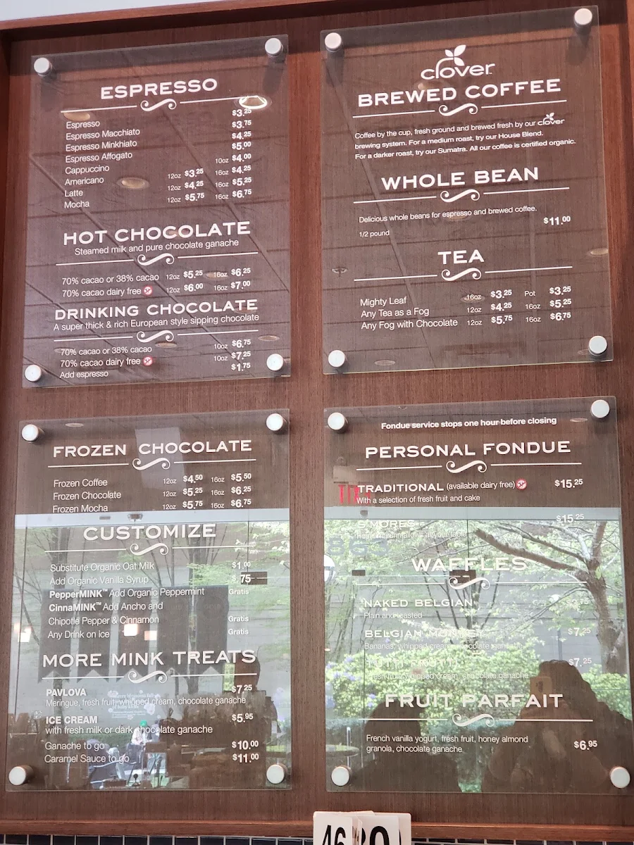Menu, Mink Chocolates Cafe