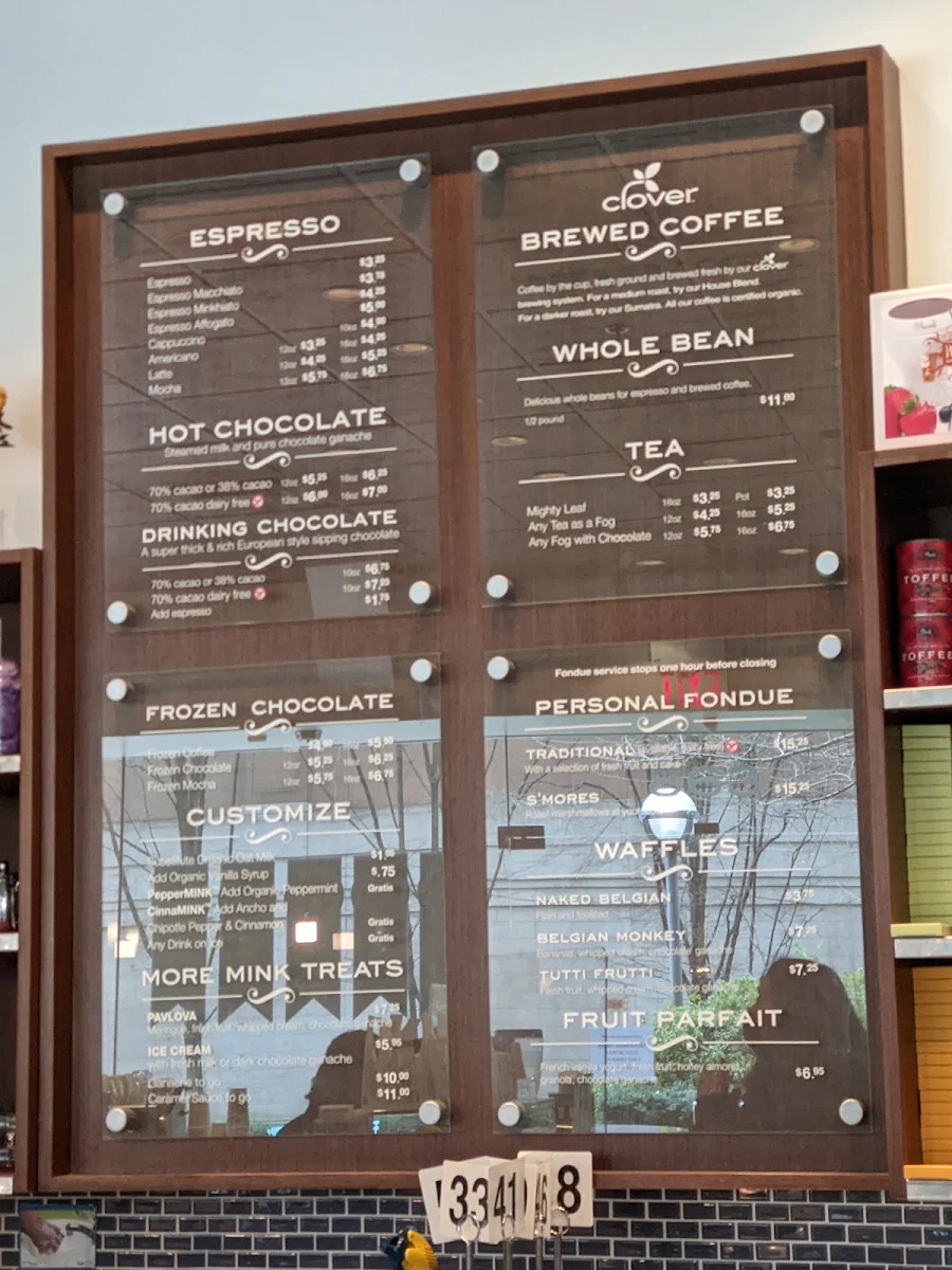 Menu, Mink Chocolates Cafe