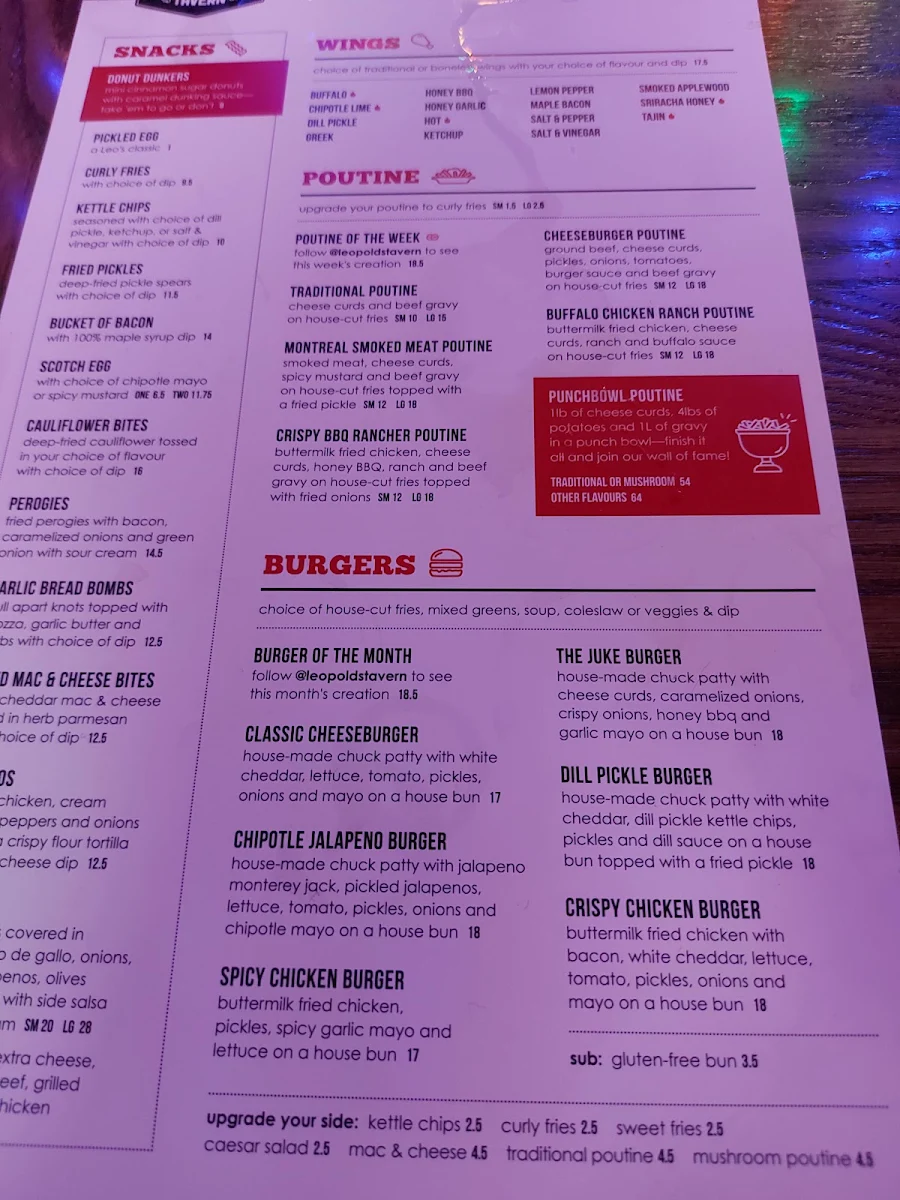 Menu, Leopold's Tavern Winnipeg - Academy