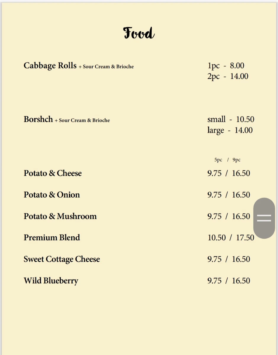 Menu, Sunflower Ukrainian Cafe Penticton