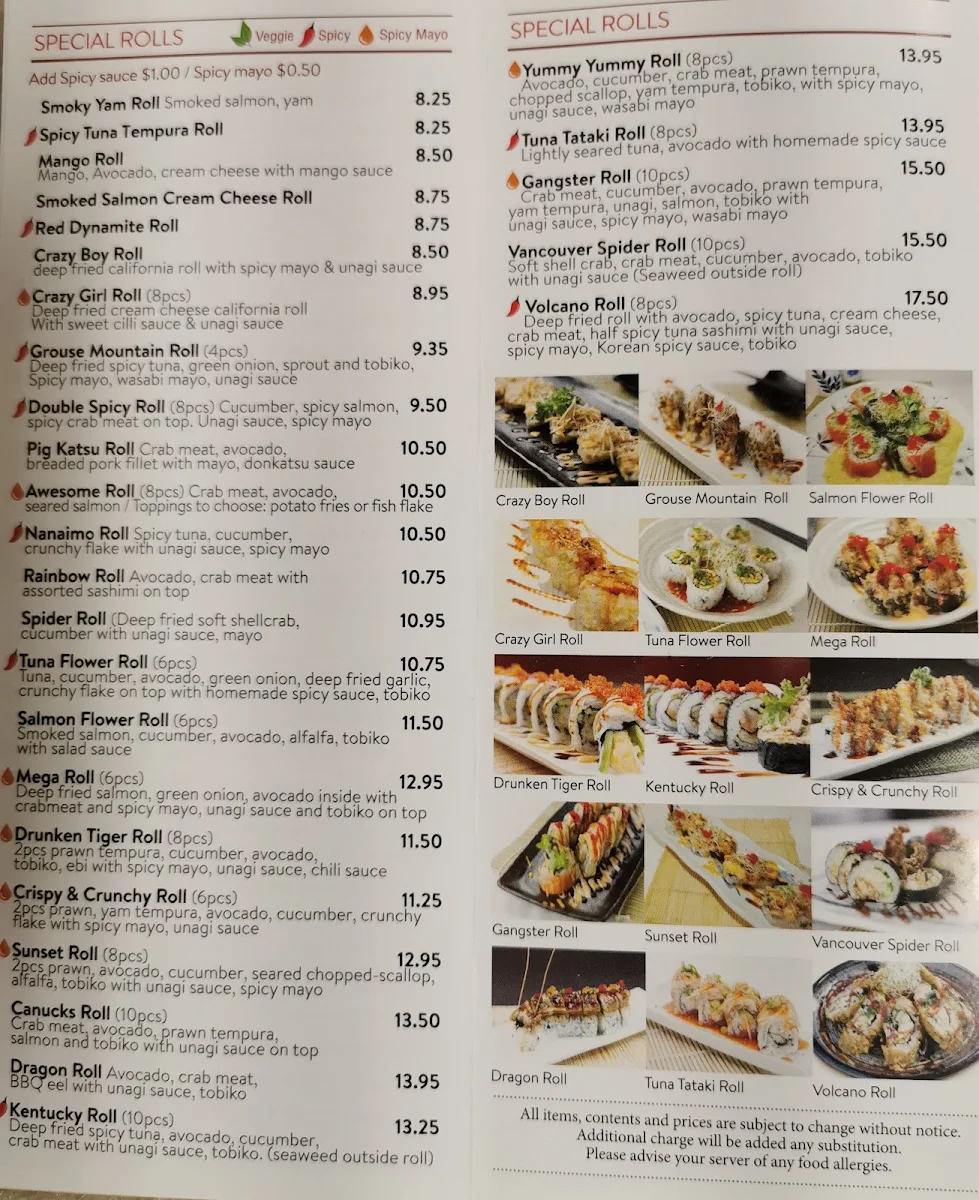 Menu, Sushi Nanaimo