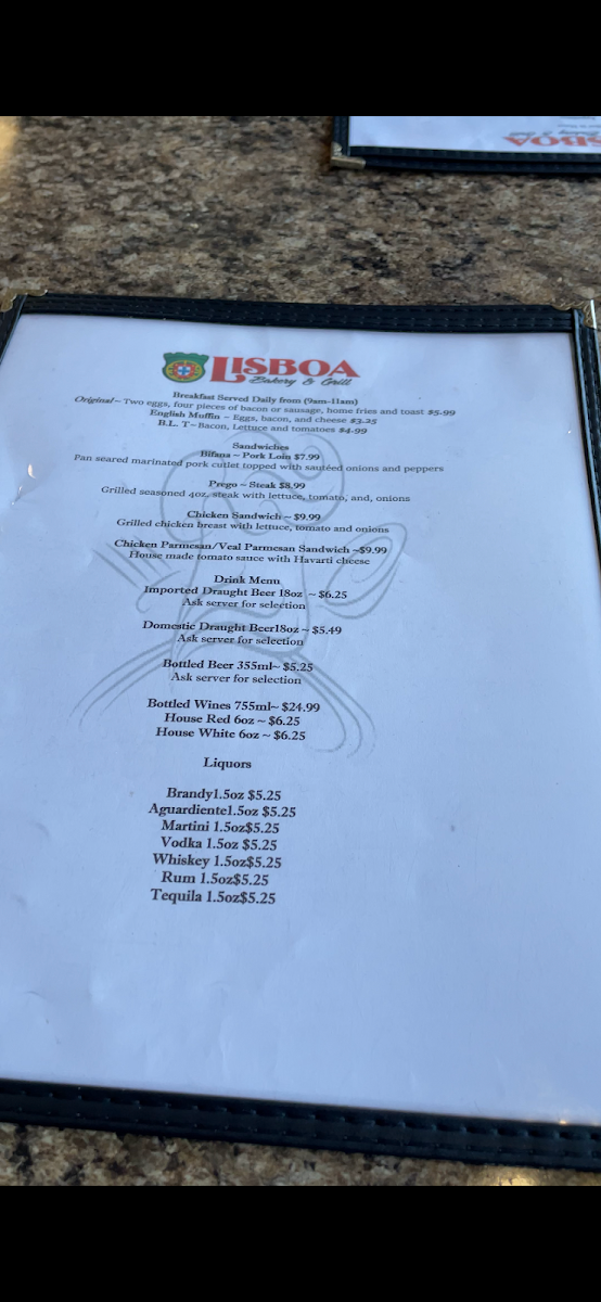 Menu, Lisboa Bakery & Grill