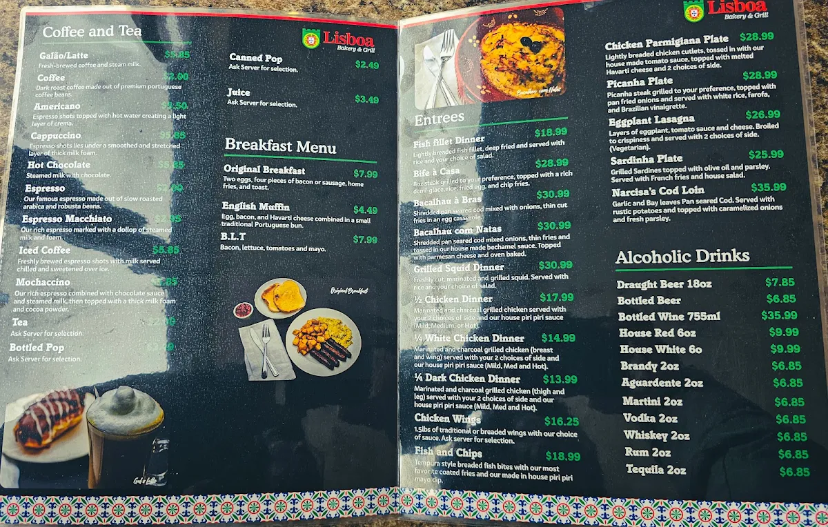 Menu, Lisboa Bakery & Grill