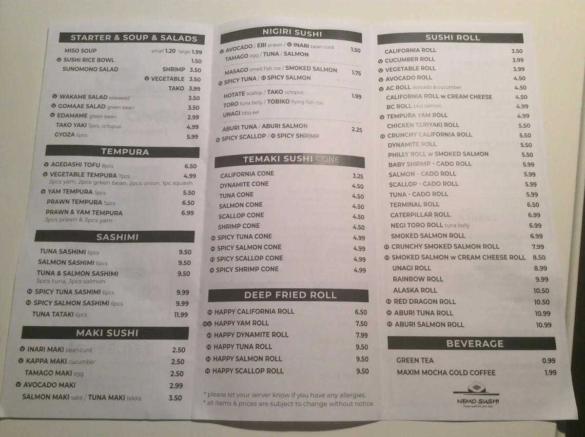 Menu, Nemo Sushi To Go Nanaimo