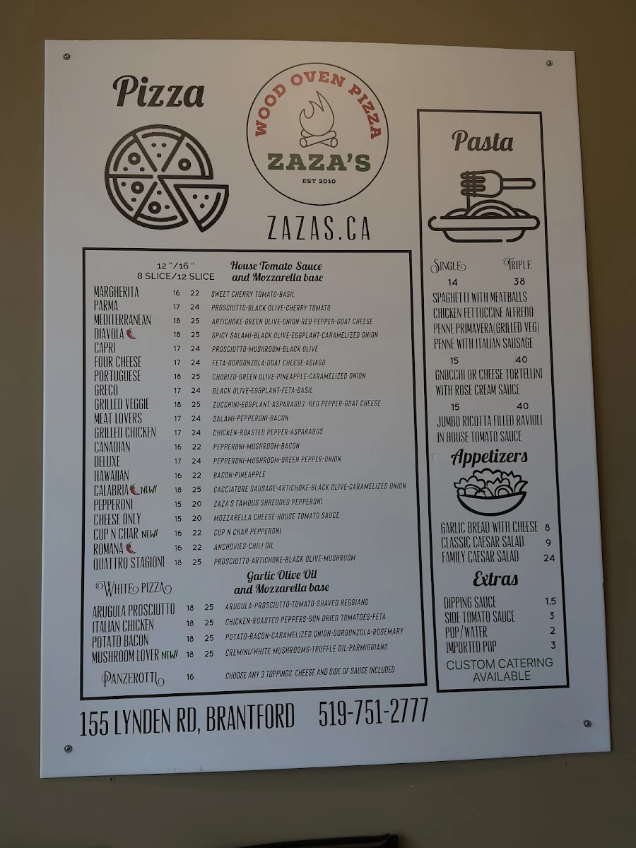 Menu, Zaza's Pizzeria Inc