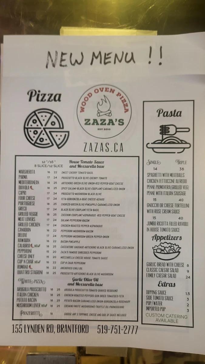 Menu, Zaza's Pizzeria Inc