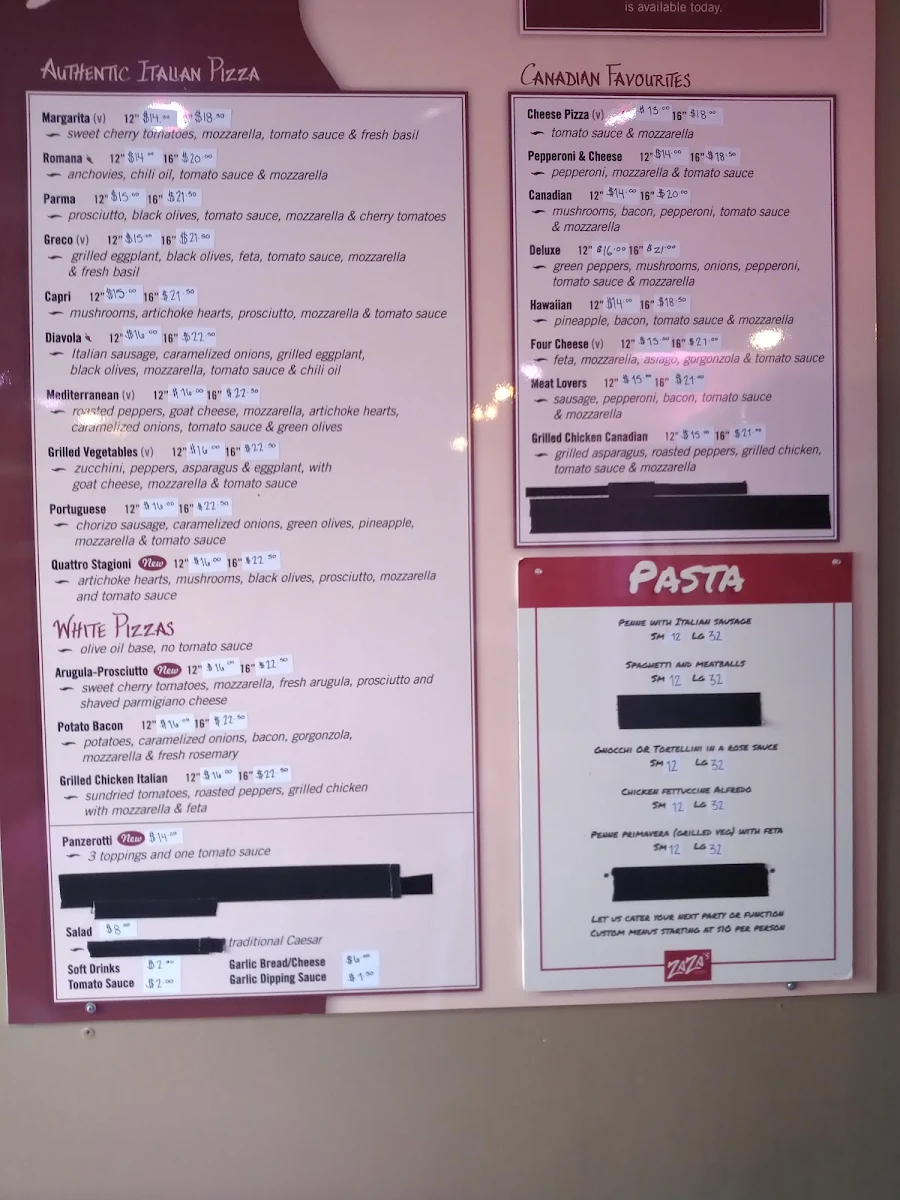 Menu, Zaza's Pizzeria Inc