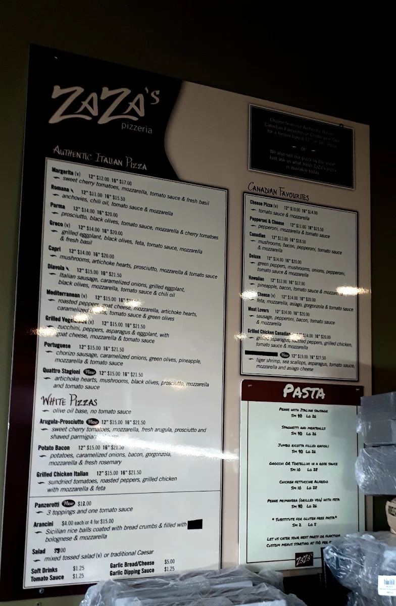 Menu, Zaza's Pizzeria Inc