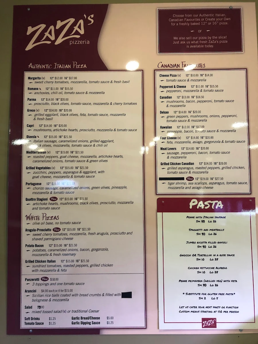 Menu, Zaza's Pizzeria Inc