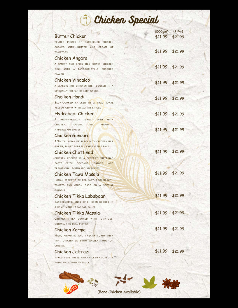 Menu, Taj Bistro