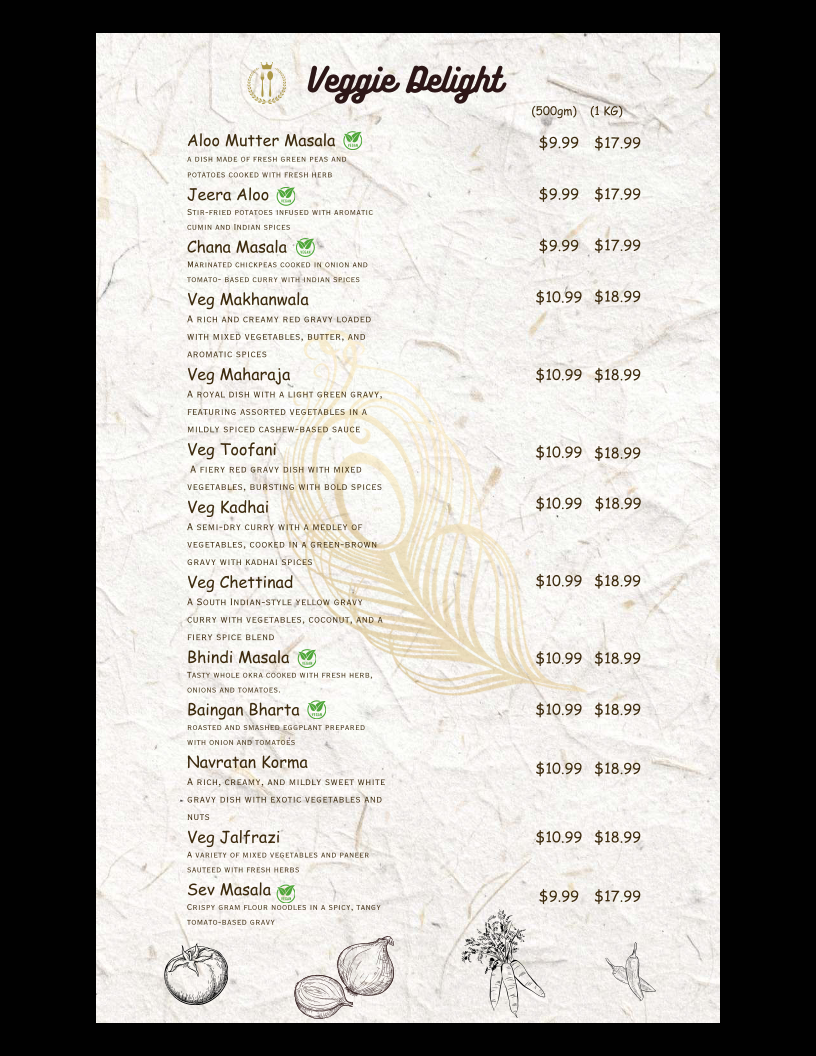 Menu, Taj Bistro