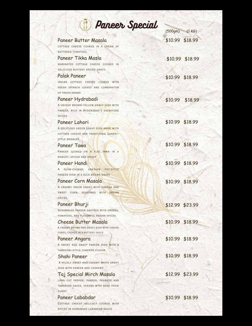 Menu, Taj Bistro