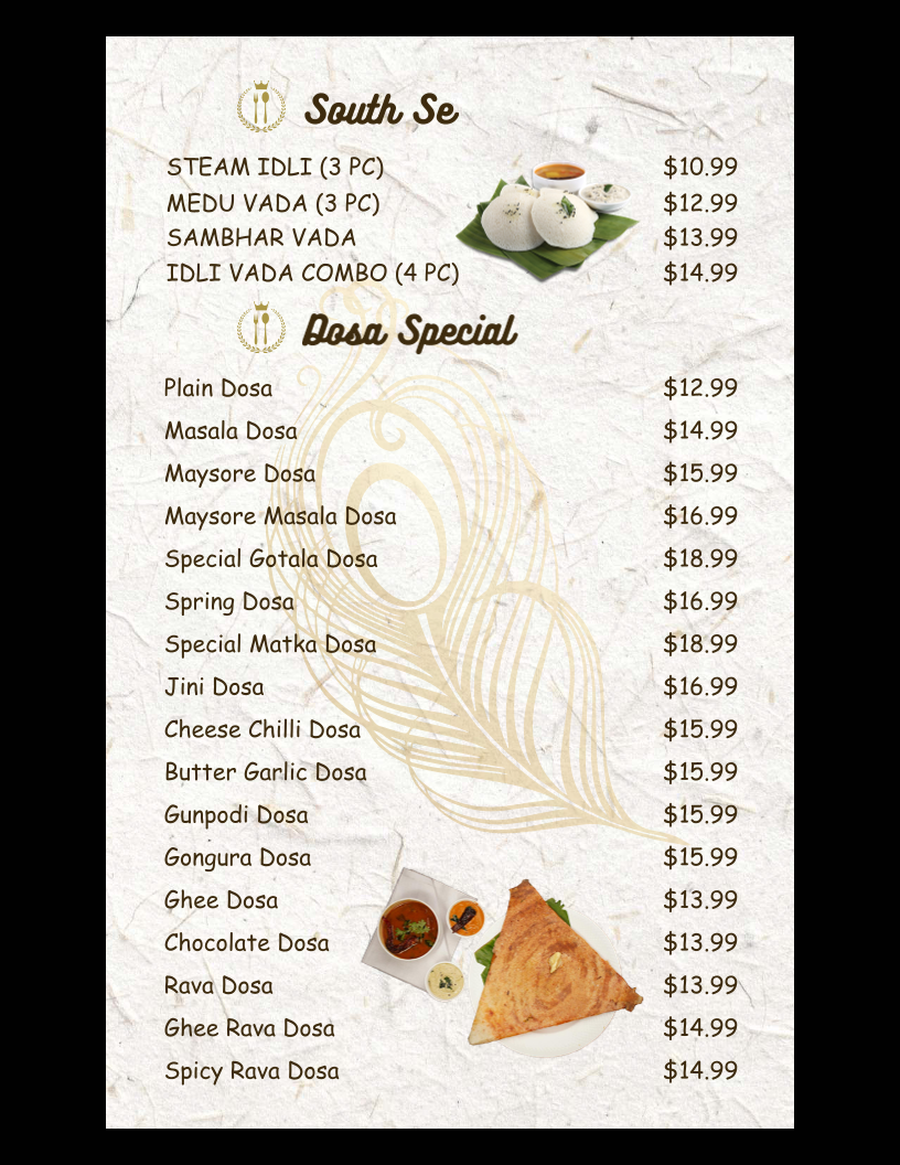 Menu, Taj Bistro