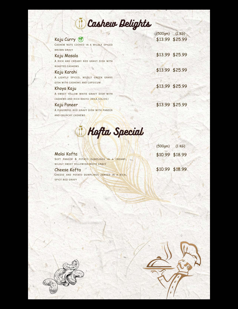 Menu, Taj Bistro
