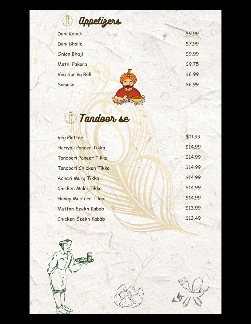 Menu, Taj Bistro
