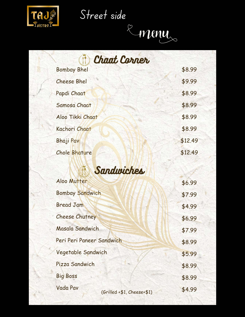 Menu, Taj Bistro
