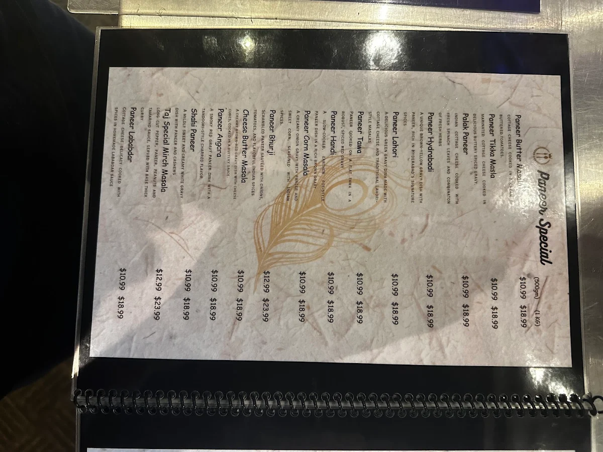 Menu, Taj Bistro