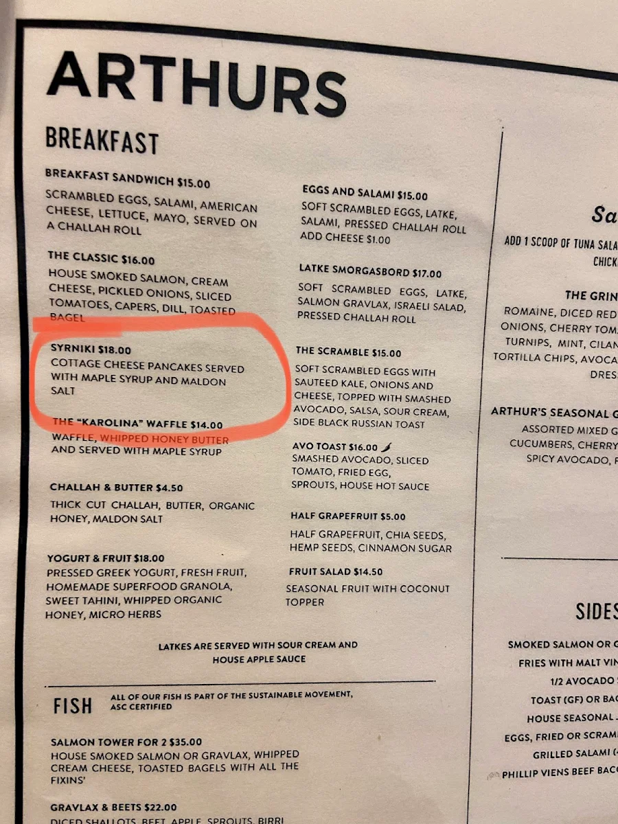 Menu, Arthurs Nosh Bar
