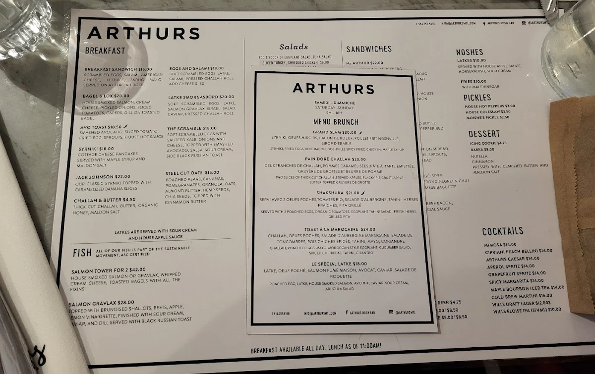 Menu, Arthurs Nosh Bar