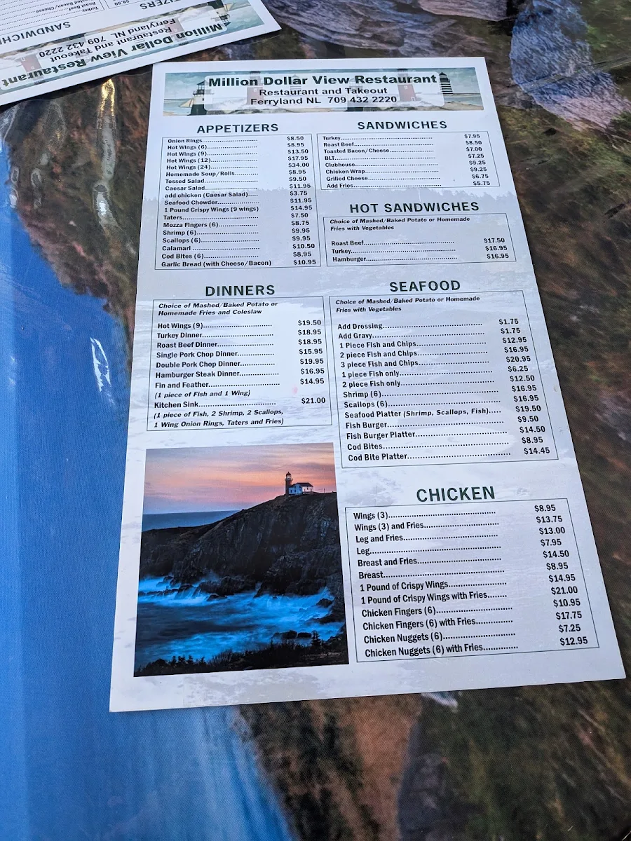 Menu, Bernard Kavanagh's Million Dollar View Restaurant