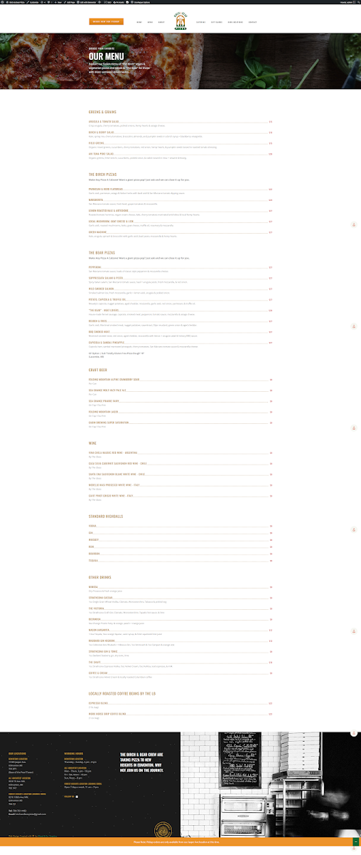 Menu, Birch & Bear Pizza