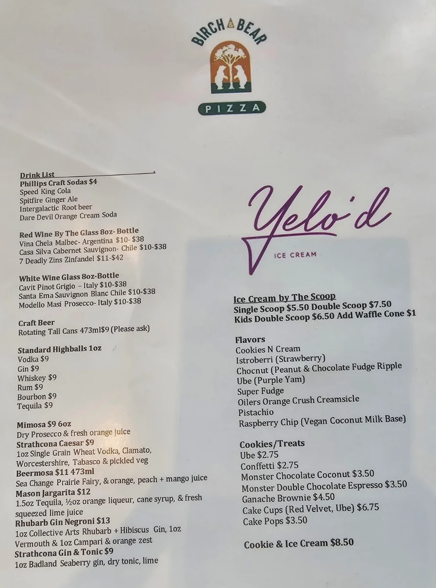 Menu, Birch & Bear Pizza