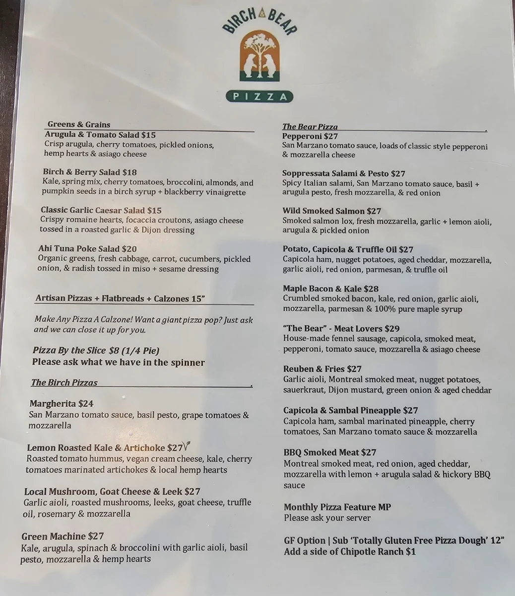Menu, Birch & Bear Pizza