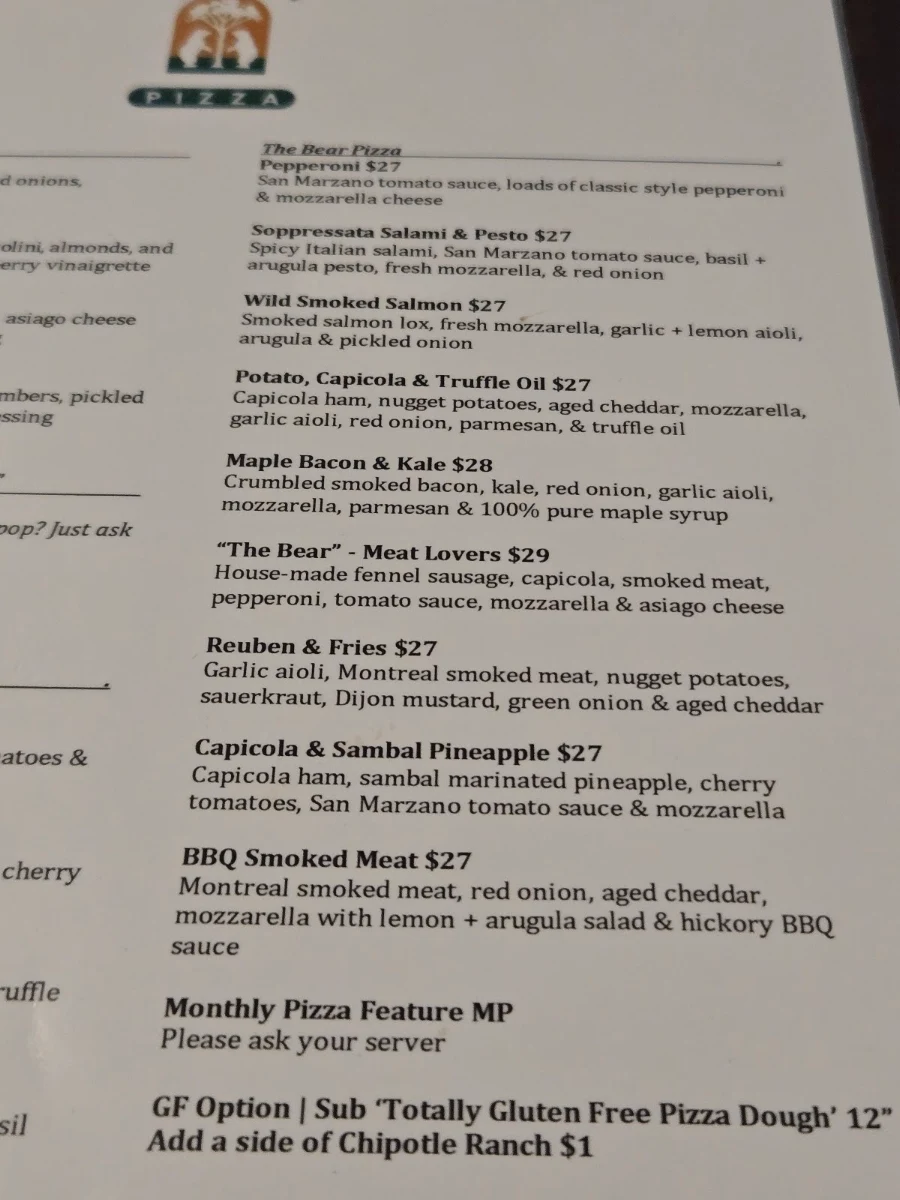 Menu, Birch & Bear Pizza